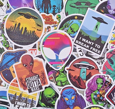 Listing image for 60 Pack Alien UFO Stickers Vinyl Decals Extraterrestrial Space Martian Retro Lot